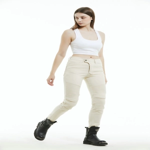 Jean de moto pour femme beige avec empiècements extensibles et protections