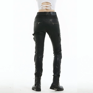 Women's black slim-fit motorcycle leather pants with protective silicone gear and zipper pockets