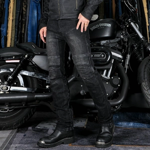 Detail of motorcycle jeans featuring accordion stretch panels on knees for riding comfort