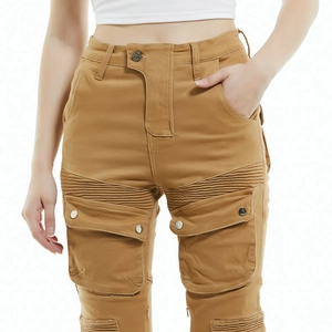Detailed view of high-waisted khaki cargo pants with accordion pleated knee panels