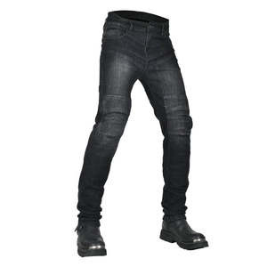 Close-up of flexible accordion stretch panels on the knees of motorcycle riding jeans