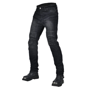 Detail of motorcycle jeans featuring accordion stretch panels at knees for rider flexibility