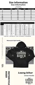 Detailed size chart for hooded motorcycle hoodie showing measurements from S to 4XL