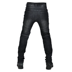 Rear view of black motorcycling jeans with flexible back waist panels and denim pockets