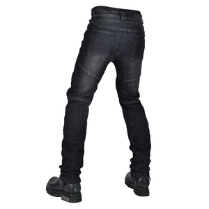 Rear view of black motorcycle jeans featuring accordion stretch panels and dual back pockets