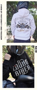 Close-up of motor rider hoodie featuring white motorcycle gang print and warm fleece fabric