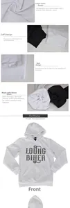 Detail view of white biker hoodie with fleece lining rib cuffs and chest logo print