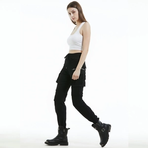 Pantalon cargo moto noir pour femme avec poches multiples et taille à cordon serrage
