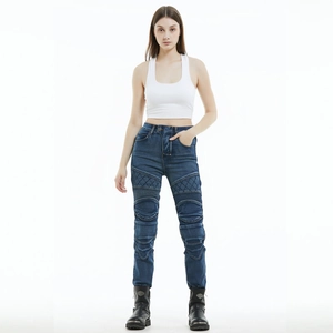 Women's slim fit motorcycle riding jeans in dark blue with protective quilted knee pads