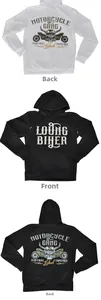 Detail of printed motorcycle biker hoodie with skull graphics and kangaroo pocket