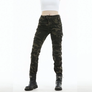 Women motorcycle cargo pants in camouflage with protective pleated knees and side pockets