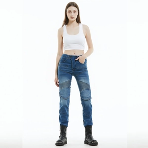 Close-up of women's motorcycle jeans with protective knee pads and stretch panels