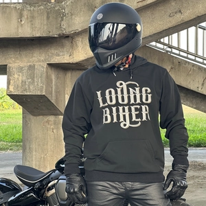 Loong Biker black hooded motorcycle sweatshirt with letters print and drawstring hood
