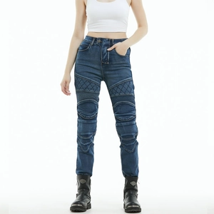 Women's dark blue motorcycle jeans featuring flexible accordion panels at the knees and waist