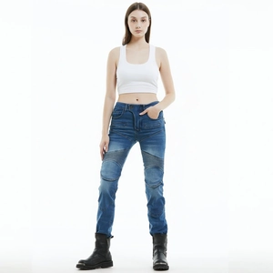 Women's motorcycle jeans with knee stretch panels and protective armor pockets