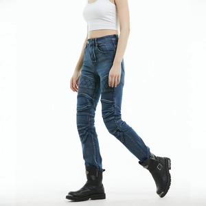 Detail of high-waist motorcycle jeans for women with elastic pleated knee pads