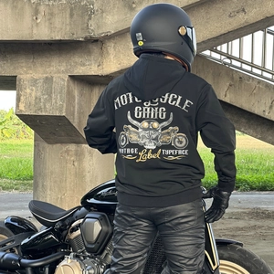 Black motorcycle hoodie featuring vintage biker skull back print and protective fleece lining