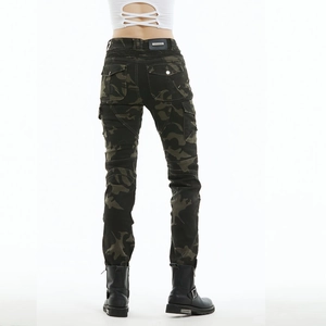 Women's camouflage motorcycle cargo pants with slim fit design and protective padding