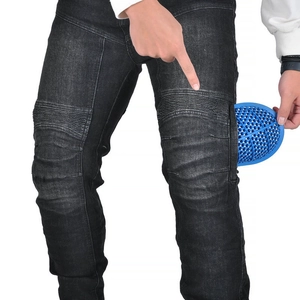 Men's black motorcycle riding jeans with knee armor inserts and elastic panels