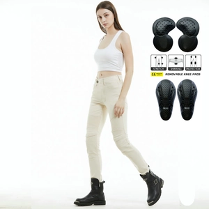 Jean de Moto pour Femme Imperméable Stretch Moto Pantalon Off White Avec Protections CE Amovibles Shirring Pantalon Biker