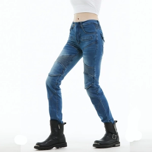 Women's slim-fit motorcycle jeans in blue denim with protective quilted knee panels