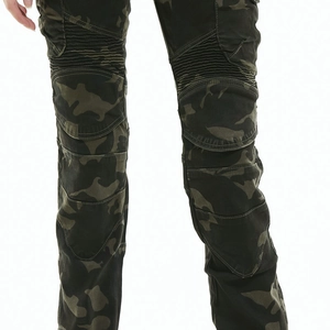 Detail of dark green camo motorcycle pants featuring stretch accordion panels on the knees