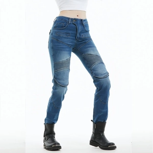 Slim fit women's motorcycle riding jeans in dark blue wash with ribbed knee protection details