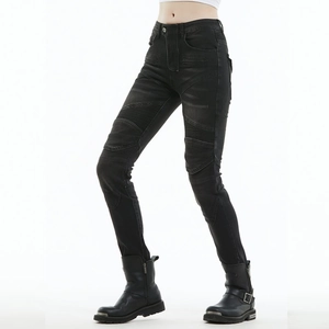 Slim fit black motorcycle jeans for women with ribbed panels and protective stretch fabric