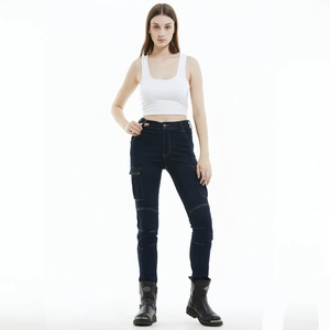Women's dark blue slim motorcycle cargo jeans with knee quilting and multi-pocket design