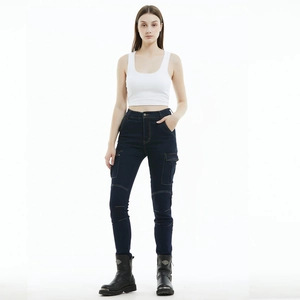 Women's slim-fit motorcycle jeans in dark blue with cargo pockets and protective gear