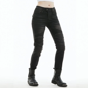 Detail of slim-fit motorcycle jeans for women featuring reinforced knee pleats and stretch fabric