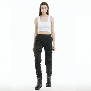 Women's dark camouflage motorcycle riding pants with cargo pockets and stretch knee panels