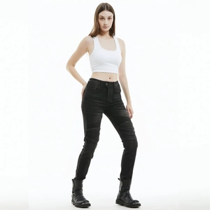 Slim fit black motorcycle riding jeans for women with pleated knee protection details