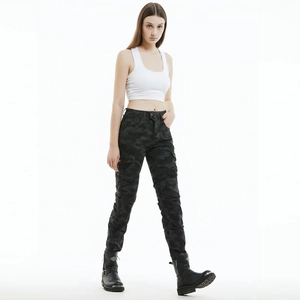 Women's blue camo motorcycle riding pants with multi-pocket cargo design and knee protection