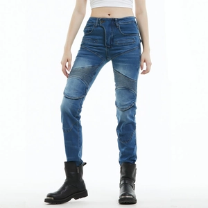 Detail of light blue motorcycle jeans with biker-style pleats and slim fit for women