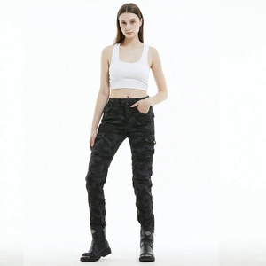 Women's dark camouflage motorcycle cargo pants with tactical pockets and stretch knee panels