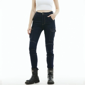 Deep blue slim fit women's motorcycle cargo jeans with stretch and knee protection