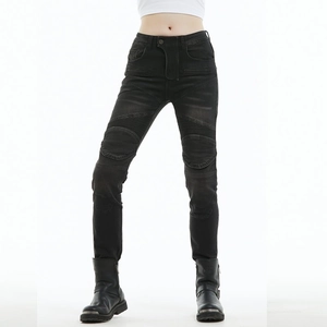 Women's black motorcycle jeans with slim fit and accordion stretch panels on knees