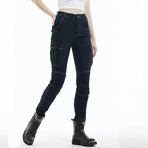 Women's slim fit motorcycle cargo jeans in dark blue with protective stitching