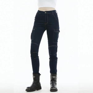Women's slim fit motorcycle riding jeans in dark blue with cargo pockets and armor pads