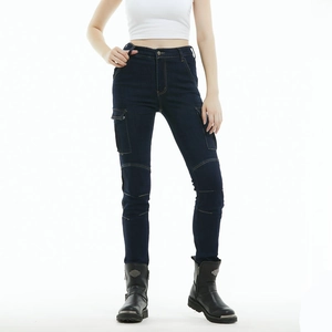 Women's deep blue motorcycle cargo jeans with knee stitching and high waist design