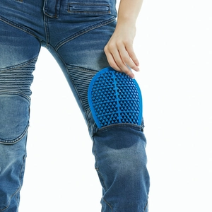 Slim fit women's motorcycle riding jeans in dark blue with silicone knee armor protection