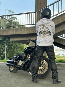 Detail of the white motorcycle hoodie with vintage motorcycle gang print on back