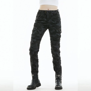 Detail view of black camouflage motorcycle cargo pants with pleated knee panels for women