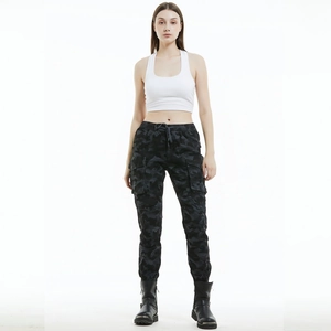 Pantalon de moto cargo camouflage gris foncé pour femme avec grandes poches latérales