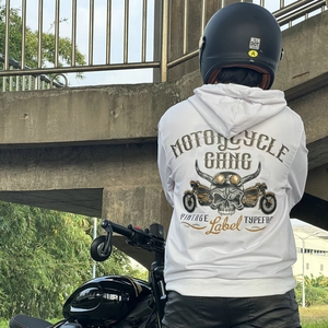 Rear view of white motorcycle hoodie with vintage biker print and motorcycle gang skull design
