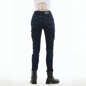 Women's slim fit motorcycle cargo jeans in dark blue with protective stretch denim