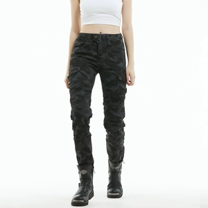 Women's blue camouflage motorcycle pants featuring knee accordion panels and cargo pockets