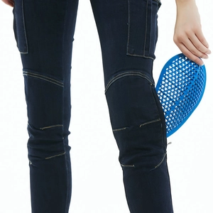 Detailed view of women's motorcycle jeans featuring blue honeycomb silicone knee protectors
