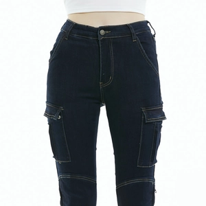 Detail of slim-fit navy blue motorcycle cargo pants with side flap pockets and knee stitching